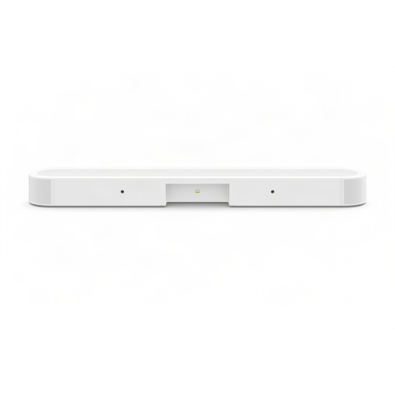 Sonos Beam Ultra Soundbar White soundbar with rounded ends, central recessed area, and small green status indicator.