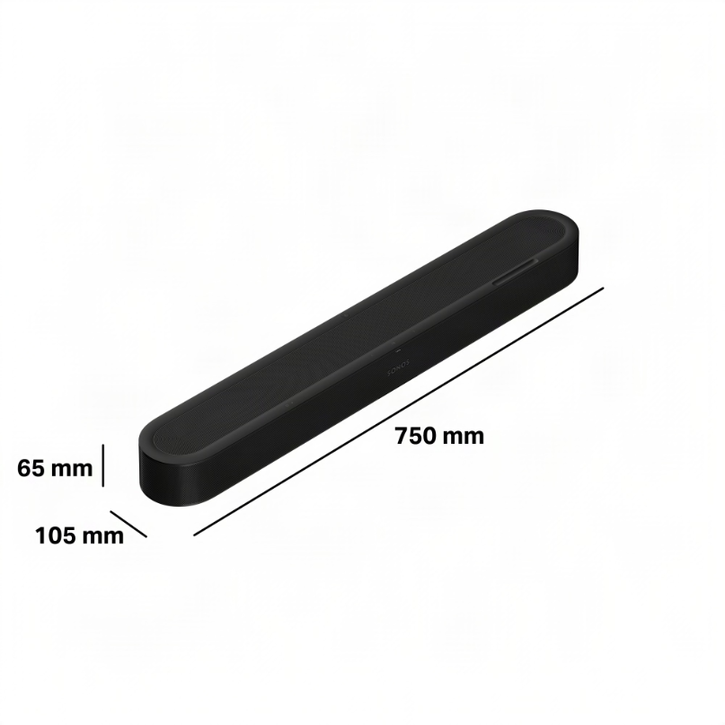 Sonos Beam Ultra Soundbar Sonos black soundbar, long rectangular speaker about 750 mm long with rounded ends.