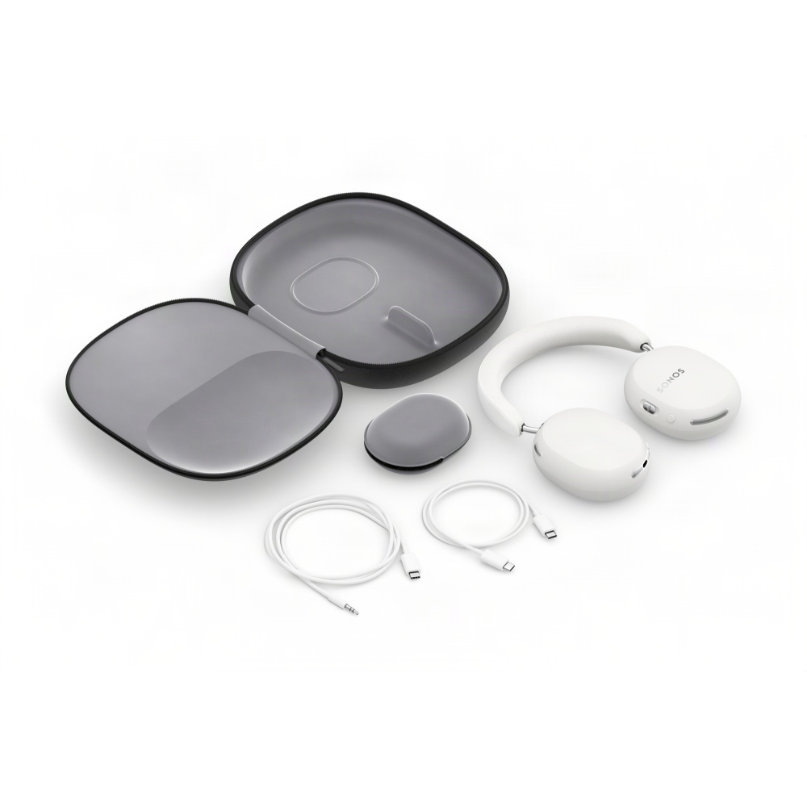 Sonos Ace Ultra Noise-Cancelling Headphone Sony white wireless over-ear headphones with a hard case and charging cables.