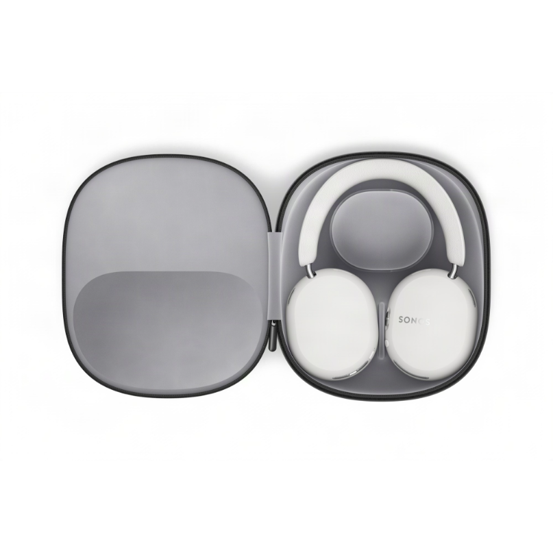 Sonos Ace Ultra Noise-Cancelling Headphone White over-ear headphones with a padded headband stored in a gray hard-shell carrying case.
