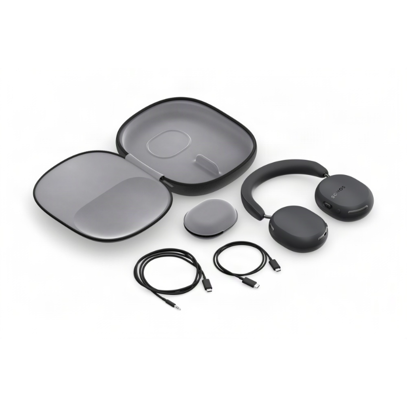Sonos Ace Ultra Noise-Cancelling Headphone Black wireless over-ear headphones with travel case, compact round case, and usb-c plus 3. 5mm cables.