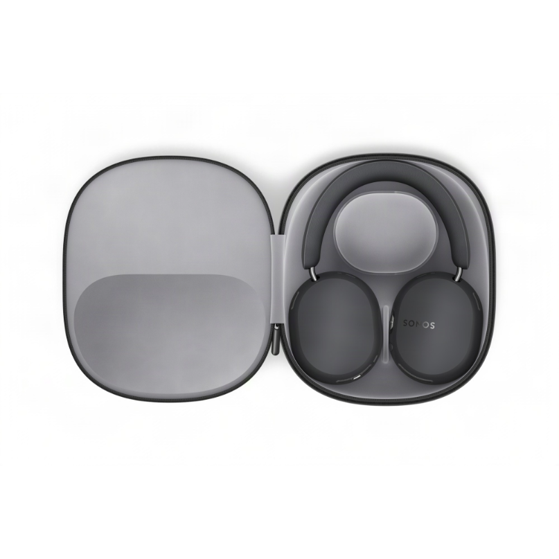 Sonos Ace Ultra Noise-Cancelling Headphone Over-ear wireless headphones with a dark headband and round ear cups in a gray zippered carrying case.