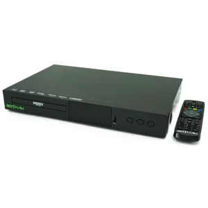 GOTHAM AUDIO GABD-801 4K Multi-Zone Blu-ray Player with disc drive, USB port, four front buttons, and remote.