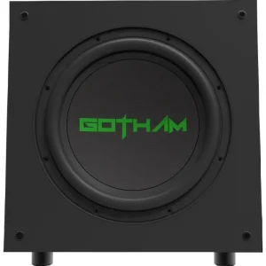 GOTHAM AUDIO GA-SUB 15 Subwoofer black square subwoofer with round driver and green Gotham logo on the cone.
