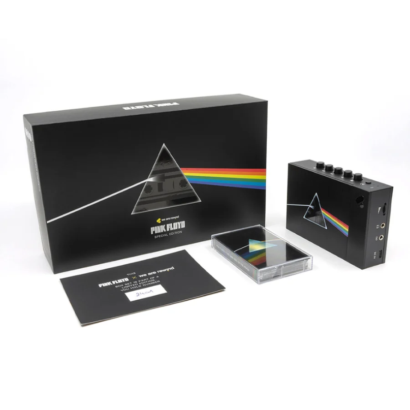 We Are Rewind Limited Edition Pink Floyd Portable Cassette Player &Amp; Recorder Pink floyd special edition usb dac headphone amplifier with prism rainbow triangle logo and accompanying black packaging.