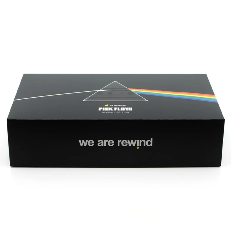 We Are Rewind Limited Edition Pink Floyd Portable Cassette Player &Amp; Recorder Pink floyd special edition box featuring prism and rainbow, with we are rewind text on the front.