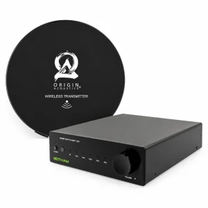 ORIGIN ACOUSTICS WSK200 & GOTHAM AUDIO BABY GOTH-100 Audio Bundle with front-panel volume knob and circular Origin Acoustics wireless transmitter.