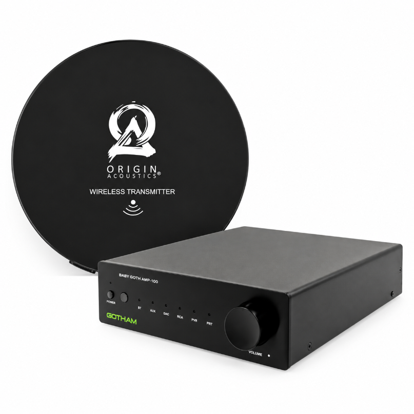 Origin Acoustics Wsk200 &Amp; Gotham Audio Baby Goth-100 Audio Bundle Origin acoustics wsk200 & gotham audio baby goth-100 audio bundle with front-panel volume knob and circular origin acoustics wireless transmitter.
