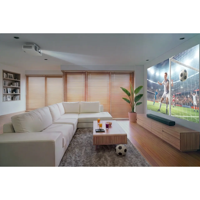 Epson Eh-Ls6000 4K Hdr Laser Home Theater Projector Ceiling-mounted projector projecting a soccer match onto a large wall screen in a modern living room.