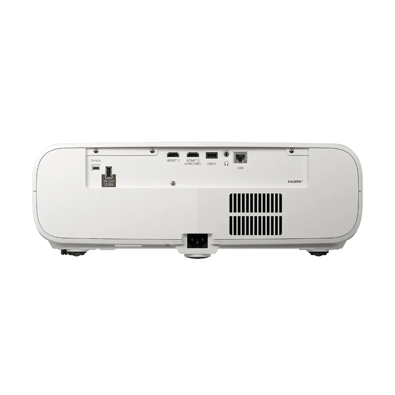 Epson Eh-Ls6000 4K Hdr Laser Home Theater Projector Rear view of a white projector with hdmi, usb, lan ports and ventilation grille.