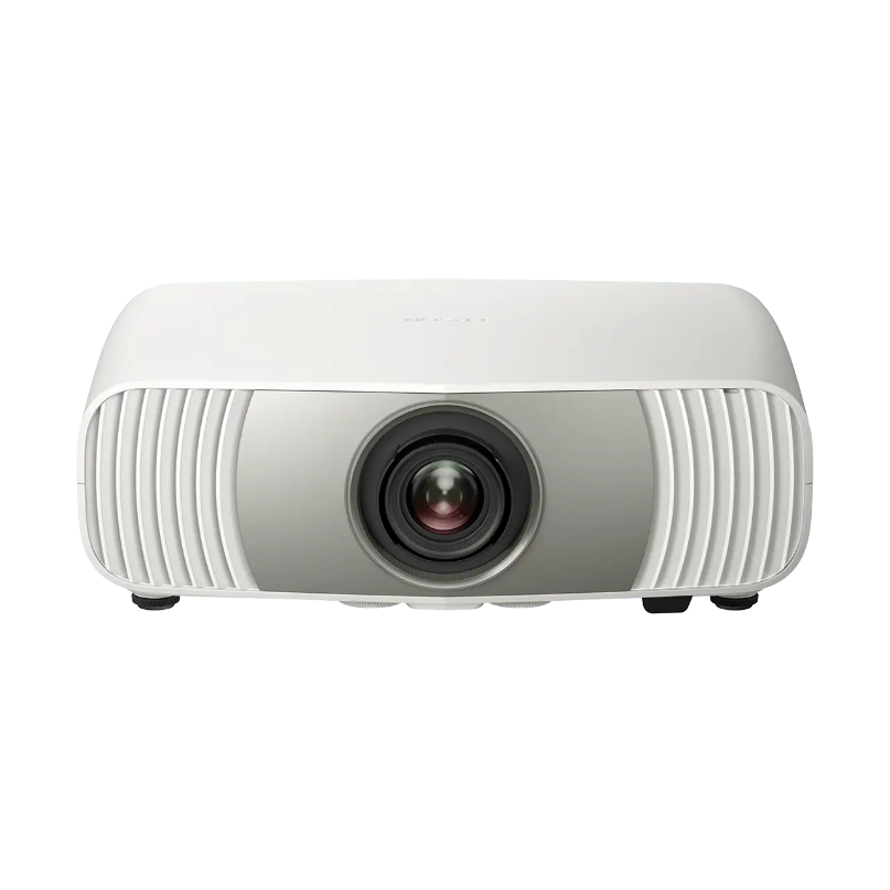 Epson Eh-Ls6000 4K Hdr Laser Home Theater Projector White compact multimedia projector with a central lens, curved top, and ribbed front ventilation panels.