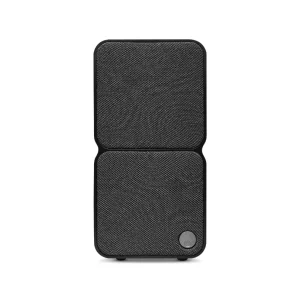 CAMBRIDGE AUDIO MSX 20 Compact Wired Satellite Speaker, Two-panel black fabric-covered portable wireless speaker with split design and circular control button.