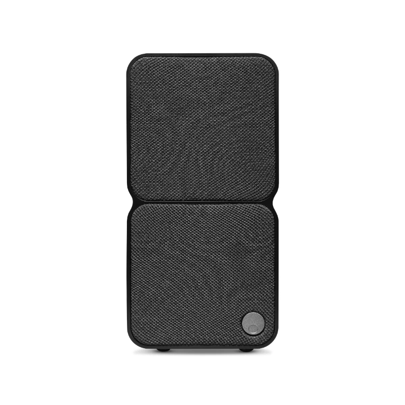 Cambridge audio msx 20 compact wired satellite speaker, two-panel black fabric-covered portable wireless speaker with split design and circular control button.