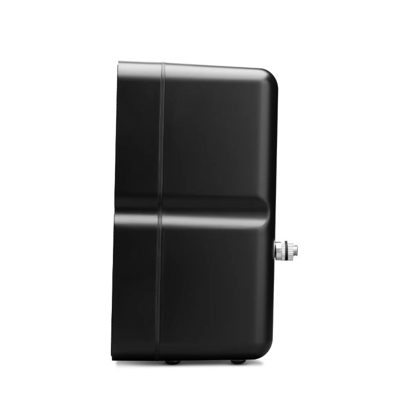 Black rectangular electronic device with rounded corners and a protruding silver side control knob.