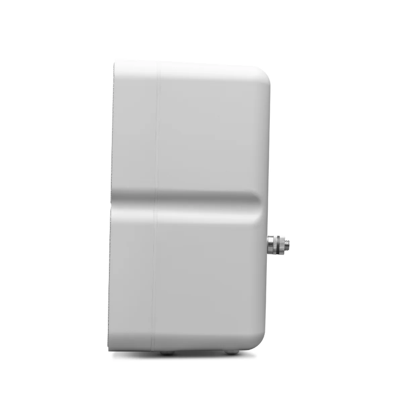 Gray metal electronic enclosure with rounded corners and a side threaded connector.