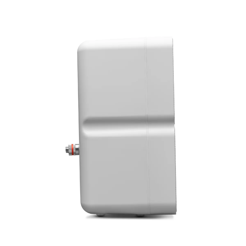 Side view of a gray aluminum electronics enclosure with a small coaxial connector on the left.