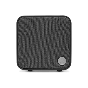 CAMBRIDGE AUDIO MSX 10 Compact Wired Satellite Speaker, Black fabric-covered square portable Bluetooth speaker with circular knob on the front bottom-right.