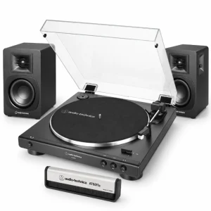 Homepage Audio technica hifi pack turntable with clear hinged dust cover and two black bookshelf speakers.