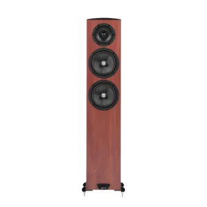 Jamo c605 mkii 2. 5 way floorstanding speaker with walnut wood veneer, three drivers: one tweeter and two mid/woofers, metal spike feet.