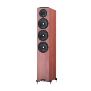 Jamo c607 mkii 3 way floorstanding speaker in mahogany veneer with four drivers and adjustable spike feet.