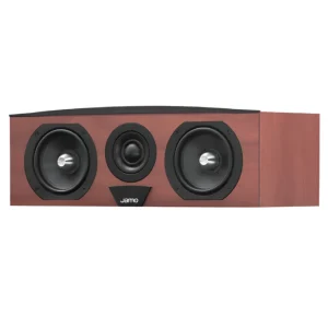 Jamo c60 cen mkii centre speaker with wood veneer cabinet, two large side woofers and a central midrange driver.